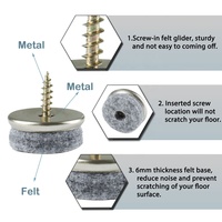 24 patins en feutre dur gris de 24 mm de diamètre, à visser, pour pieds de chaise en métal