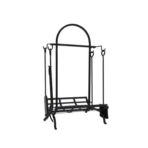 Modern Assembly Type Black Indoor Home Metal Firewood Rack with Fireplace Tool Set