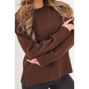 Pull long décontracté pour femme, de haute qualité, à détails côtelés, avec fente, imprimé café, taille XS, pour l'hiver et le printemps - Product Image 2