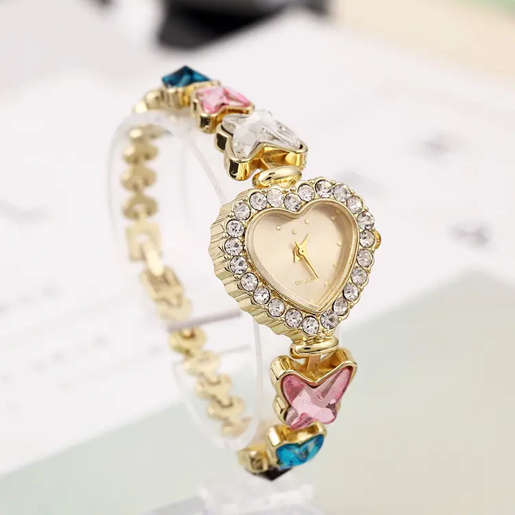 Fashion Luxury Women Diamond Wrist Watch Crystal Heart Shape Watch Butterfly Strap Lady Quartz Watches