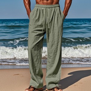 Men Wide Leg Pants Casual Loose Fit <b>Drawstring</b> <b>Trousers</b> Breathable Summer Beach Wear - Product Image 1