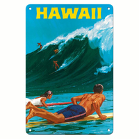 Plaque Métallique Vintage Hawaïenne de Surf, Décoration Murale Paysage Naturel des Îles Hawaïennes, pour Porche et Intérieur, 14x20cm