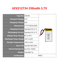 Batteries au lithium polymère personnalisées en gros UFX 312734 250mAh 3.7V MSDS, cellules de poche Lipo, batterie lithium-ion OEM/ODM