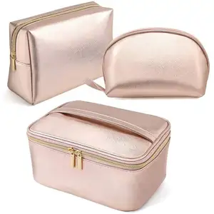 Conjunto de bolsas para cosméticos, conjunto de bolsas organizadoras de maquiagem impermeável em ouro rosado para mulheres e meninas
