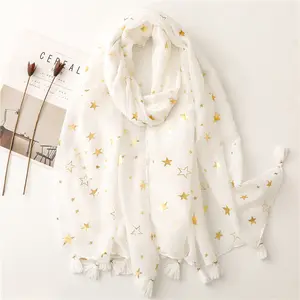 White cotton scarf with metallic stars big size beach shawl gilded print square scarf