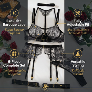 Set di Lingerie di Lusso da Donna in 4 Pezzi, Reggiseno e Slip in Pizzo Esotico, Sexy e Trasparente, con Catena Elegante e Ricami Raffinati - Product Image 3