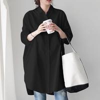 Primavera elegante blusa de manga larga acampanada mujer botones abajo Camisa larga suelta túnica Tops Casual ropa sólida