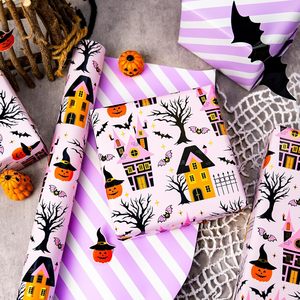 Papier cadeau d'Halloween, papier cadeau vintage « Maison hantée », papier cadeau rose réversible à motifs de maison hantée, citrouille et chauve-souris - Product Image 2