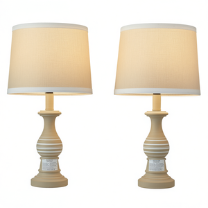 <b>Vintage</b> Ceramic <b>Table</b> Lamps Oatmeal Linen Drum Shades 18.5 In Farmhouse Style <b>Bedside</b> Lighting Warm White Light - Product Image 1