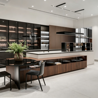 Armoires de cuisine KOJOON sur mesure, couleur personnalisée, design intérieur de luxe, tiroir de rangement intégré, OEM, table de travail en bois foncé, armoires de cuisine