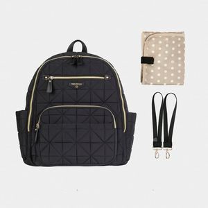 Sac à dos à langer matelassé noir personnalisé en nylon, multi-poches, imperméable, avec matelas à langer intégré, sangles de poussette élégantes pour maman - Product Image 1