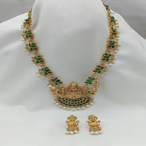 Traditional Tempal Laxmi Necklace <b>Jewellery</b> <b>Set</b> with Green Color Matching Earrings <b>For</b> <b>Women</b> And Girls By Exporters - Product Image 2