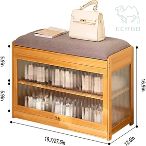 Home Furniture Display Rack Storage Cabinet Organizer Seat Cushion Double-Layer Bamboo Wood Shoe Rack with Windows - Product Image 6