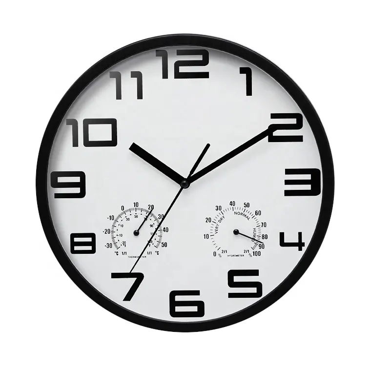 아마존 뜨거운 10 인치 사용자 정의 현대 벽 시계 온도 습도 블랙 저렴한 플라스틱 시계 홈 장식