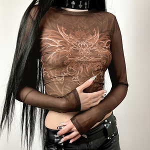 Women's <b>Y2K</b> Gothic Mesh Long Sleeve Crop Top Dragon Print Sheer Slim Fit Breathable Digital Printing Streetwear T <b>Shirt</b> - Product Image 1