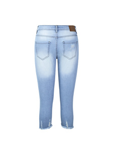 Women's Breathable Ripped Solid Capri Jeans <b>Stretch</b> Skinny <b>Denim</b> Pants with Casual Calf-Length Raw Hem and Pockets - Product Image 2