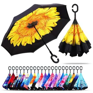 Dupla Camada Invertida Proteção UV Windproof Big Reverse Folding Umbrella para Chuva Do Carro Ao Ar Livre com C-Shaped Handle