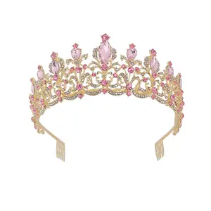 RS056批发玫瑰金新娘头发皇冠头饰粉色丝带水晶头饰和皇冠结婚头带