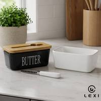 Pot à beurre en céramique noir et blanc avec couvercle en bambou et couteau, boîte de conservation hermétique pour beurre, prêt à poser sur comptoir, ensemble de cuisine