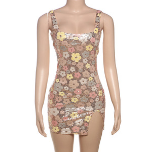 Nouveautés Robe sans manches à paillettes imprimée de fleurs pour femmes - Product Image 1