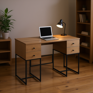 Rustic <b>Oak</b> 4 <b>Drawer</b> Computer <b>Desk</b> <b>With</b> Veneer Finish Home Office Writing <b>Desk</b> - Product Image 2