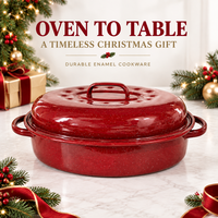 Marmite de cuisson ovale en émail rouge pour dinde, avec couvercle, motif moucheté, résistante au four, pour Noël, Halloween et Thanksgiving