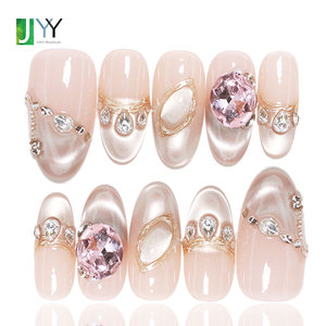 Faux ongles de luxe faits main 3D avec pierres précieuses, à presser, couvrance totale, en vrac, forme ovale, effet glamour, avec diamants, en gel, vente en gros - Product Image 1