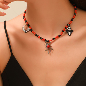 Gothic Beaded Necklace Red Black <b>Skeleton</b> Bat Spider Charm Halloween Party Jewelry Choker Chain - Product Image 1