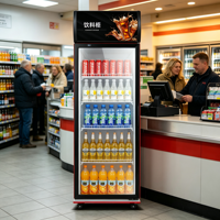 Réfrigérateur à boissons rouge à porte unique avec refroidissement direct monté en haut et vitrine en verre pour salle de sport, café et commerce de détail