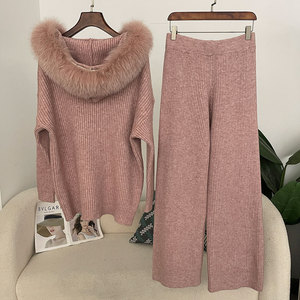 طقم سويتر نسائي فاخر ناعم بياقة من فرو الثعلب الحقيقي سروال خريفي بأرجل واسعة من قطعتين بالجملة مع غطاء رأس - Product Image 5