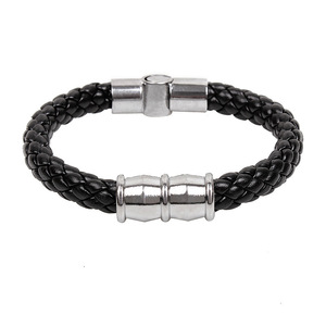 Men's Titanium Steel <b>Bracelet</b> Black Braided <b>Leather</b> Punk Style Fashion Wrap <b>Bracelet</b> - Product Image 5