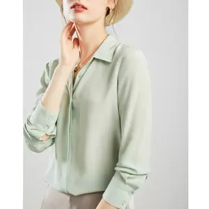 Vrouw Luxe Lady Blouse Chic Shirt Lange Mouwen Basic Button Down Tops Zijde Blouse