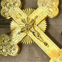 Croix de Procession Orthodoxe Orientale Plaquée Or, Gravée Double Face en Alliage de Zinc, Croix Religieuse Anges Douze Apôtres 75cm