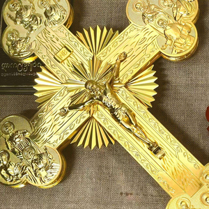Cruz Procesional Ortodoxa Oriental, Chapada en Oro, Grabada por Ambos Lados, Aleación de Zinc, Cruz Religiosa con Ángeles y <span class=keywords><strong>Doce</strong></span> Apóstoles, 75 cm - Product Image 4