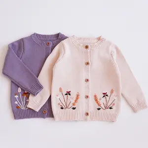Maglione per bambini autunno 91110542 per cardigan per ragazze ricamo fatto a mano fiore viola all'ingrosso abbigliamento per bambini boutique per bambini