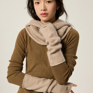 ชุดถุงมือไหมพรมไหมพรม2ชิ้นสำหรับฤดูหนาวสีเบจสีแดงล้วนสำหรับผู้หญิงหมวกอุ่นแขนยาว - Product Image 4