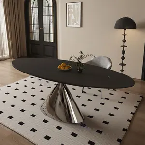 Mesa <span class=keywords><strong>de</strong></span> Comedor Moderna <span class=keywords><strong>de</strong></span> Piedra Sinterizada Extensible con Patas <span class=keywords><strong>de</strong></span> Metal <span class=keywords><strong>de</strong></span> Forma Ovalada y Panel <span class=keywords><strong>de</strong></span> Pizarra - Product Image 1