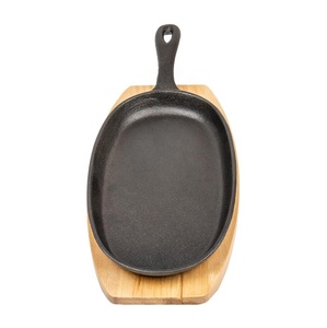 Sartén ovalada de hierro fundido, sartén de fajita presazonada con placa Base de madera, placa caliente coreana para barbacoa - Product Image 6