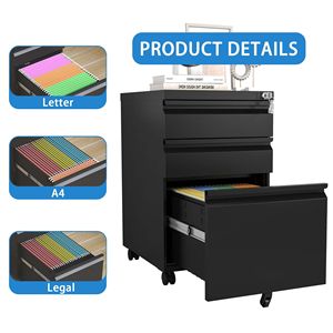 Black Metal 3 Drawer Mobile <b>File</b> Cabinet With Lock For Home Office Filing <b>A4</b> Legal Letters Fully Assembled Minimalist Design - Product Image 6