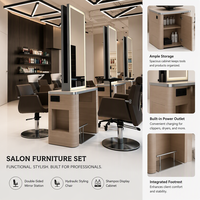 Station de coiffure moderne avec miroir double face, table de barbier, mobilier de salon en bois pour atelier