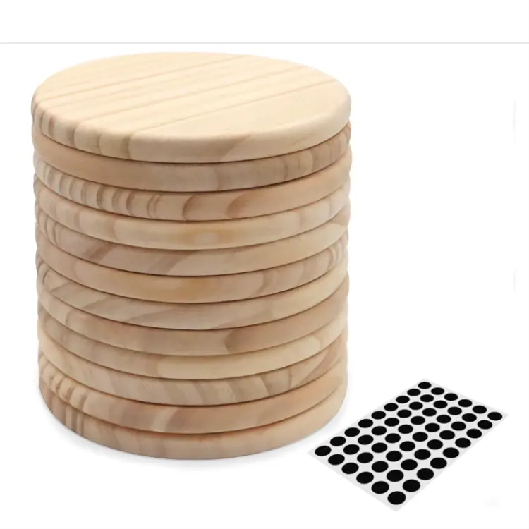 12 PCS chưa hoàn thành Vòng Gỗ đế lót ly 4 inch Trống Gỗ Coaster Thủ công mỹ nghệ với Non-Slip silicon dots