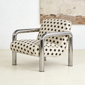 Poltrona in Acciaio Inossidabile Stile Bauhaus, Divano Singolo in Tessuto a Pois Vintage, <span class=keywords><strong>Sedia</strong></span> con Schienale per Soggiorno e Hotel - Product Image 3