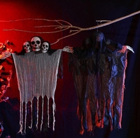 Grand décoration suspendue en tissu de coton, fantôme à trois têtes de Halloween, découpée au laser, pour porte de maison hantée ou pièce secrète