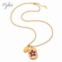 Collier personnalisé Mylove avec chaîne à perles mignonne, pendentif fleur en laiton plaqué or 18 carats et émail violet brossé pour femme