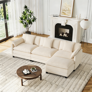 Modüler L Şeklinde Krem Renkli Şönil Köşe Koltuk, Osmanlı Modern Oturma Odası Bulut Koltuk, Büyük Boy Derin Oturma Alanlı Şezlong Koltuk - Product Image 3