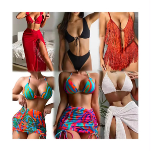 Conjunto de Bikini Rojo de Dos Piezas para Mujer, Directo de Fábrica, Escote Triangular, Lazos Laterales, Spandex, Poliéster, Diseño Calado - Product Image 2