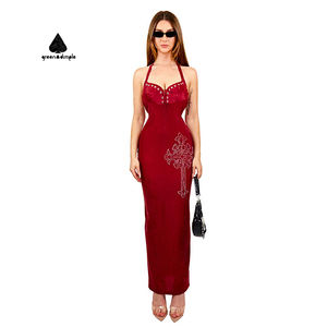 فستان مخصص الشركة المصنعة كوتور المرأة الأنيقة فستان حفلة موسيقية بلا أكمام الخامس الرقبة بورجوندي مطرزة فساتين السهرة الحزب - Product Image 1