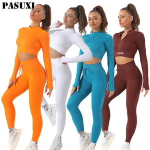 PASUXI-conjunto deportivo de gimnasio para mujer, medias y Top corto, sin costuras, de manga larga, para Fitness y Yoga, venta al por mayor, 2 piezas