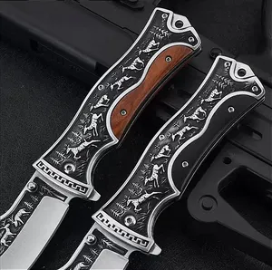Cuchillo de bolsillo plegable de nuevo estilo 2024, cuchillos de autodefensa con mango de madera y patrón de animales