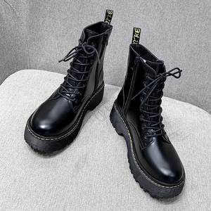 Bottes Martin à semelle épaisse noires style britannique avec lanières, modèle fin, nouvelle collection été 2026 pour femme, bottines rehaussantes - Product Image 4